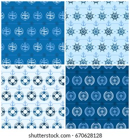 Nautical background, seamless white blue pattern, vector marine illustration