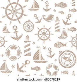 Nautical background, seamless, white, brown, vector. The attributes of a sea voyage on a white background. Brown drawings are drawn with diagonal hatching. Vector pattern. 