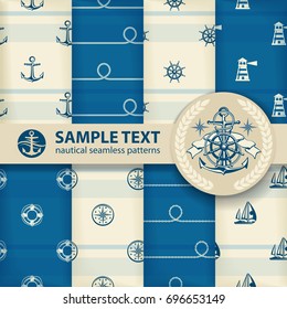 Nautical background set, seamless white blue pattern and anchor symbols, marine. Vector illustration.