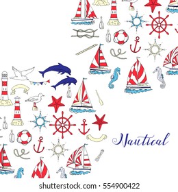Nautical background with ships. Hand drawn elements for summer holidays.Travel, marin and ocean. Vector Illustration