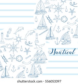 Nautical background with ships. Hand drawn elements for summer holidays.Travel, marin and ocean. Vector Illustration