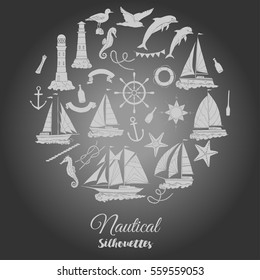 Nautical background with ships. Hand drawn elements for summer holidays.Travel, marin and ocean. Vector Illustration