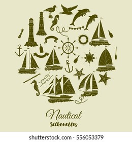 Nautical background with ships and whee. Hand drawn elements for summer holidays.Travel, marin and ocean.  Vector Illustration