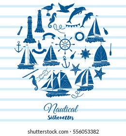 Nautical background with ships and whee. Hand drawn elements for summer holidays.Travel, marin and ocean. Vector Illustration