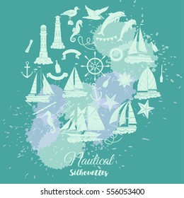 Nautical background with ships and whee. Hand drawn elements for summer holidays.Travel, marin and ocean. Vector Illustration