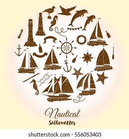 Nautical background with ships and whee. Hand drawn elements for summer holidays.Travel, marin and ocean. Vector Illustration