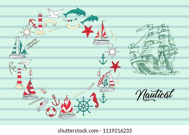 Nautical background with ships and wheel, seahorse, sailing boats,  dolphin and sea knots. Hand drawn elements for summer holidays.Travel, marin and ocean. Vector Illustration