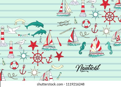 Nautical background with ships and wheel, seahorse, sailing boats,  dolphin and sea knots. Hand drawn elements for summer holidays.Travel, marin and ocean. Vector Illustration