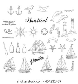 Nautical background with ships and wheel, seahorse, sailing boats,  dolphin and sea knots. Hand drawn elements for summer holidays.Travel, marin and ocean. Vector Illustration