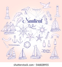 Nautical background with ships and wheel, seahorse, sailing boats,  dolphin and sea knots. Hand drawn elements for summer holidays.Travel, marin and ocean. Vector Illustration