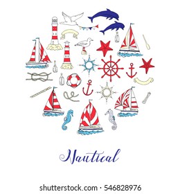 Nautical background with ships and wheel, seahorse, sailing boats,  dolphin and sea knots. Hand drawn elements for summer holidays.Travel, marin and ocean. Vector Illustration