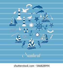 Nautical background with ships and wheel, seahorse, sailing boats,  dolphin and sea knots. Hand drawn elements for summer holidays.Travel, marin and ocean. Vector Illustration