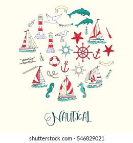 Nautical background with ships and wheel, seahorse, sailing boats,  dolphin and sea knots. Hand drawn elements for summer holidays.Travel, marin and ocean. Vector Illustration