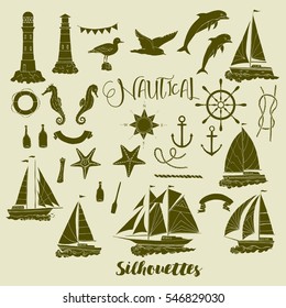 Nautical background with ships and wheel, seahorse, sailing boats,  dolphin and sea knots. Hand drawn elements for summer holidays.Travel, marin and ocean. Vector Illustration