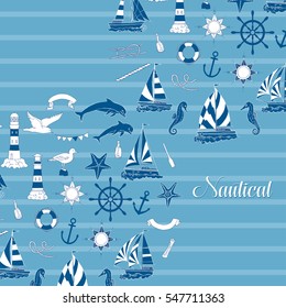 Nautical background with ships and wheel, seahorse, sailing boats,  dolphin and sea knots. Hand drawn elements for summer holidays.Travel, marin and ocean. Vector Illustration