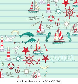 Nautical background with ships and wheel, seahorse, sailing boats,  dolphin and sea knots. Hand drawn elements for summer holidays.Travel, marin and ocean. Vector Illustration
