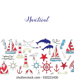 Nautical background with ships and wheel, seahorse, sailing boats,  dolphin and sea knots. Hand drawn elements for summer holidays.Travel, marin and ocean. Vector Illustration