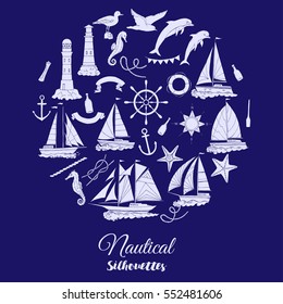 Nautical background with ships and wheel, seahorse, sailing boats,  dolphin and sea knots. Hand drawn elements for summer holidays.Travel, marina and ocean. Vector Illustration