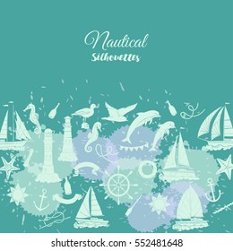 Nautical background with ships and wheel, seahorse, sailing boats,  dolphin and sea knots. Hand drawn elements for summer holidays.Travel, marina and ocean. Vector Illustration