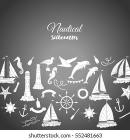 Nautical background with ships and wheel, seahorse, sailing boats,  dolphin and sea knots. Hand drawn elements for summer holidays.Travel, marina and ocean. Vector Illustration