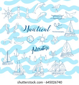 Nautical background with ships and wheel, seahorse, sailing boats,  dolphin and sea knots. Hand drawn elements for summer holidays.Travel, marin and ocean. Vector Illustration