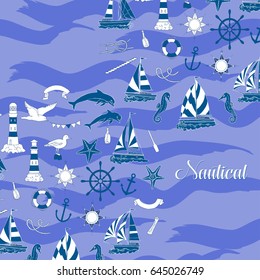 Nautical background with ships and wheel, seahorse, sailing boats,  dolphin and sea knots. Hand drawn elements for summer holidays.Travel, marin and ocean. Vector Illustration