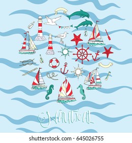 Nautical background with ships and wheel, seahorse, sailing boats,  dolphin and sea knots. Hand drawn elements for summer holidays.Travel, marin and ocean. Vector Illustration