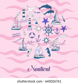 Nautical background with ships and wheel, seahorse, sailing boats,  dolphin and sea knots. Hand drawn elements for summer holidays.Travel, marin and ocean. Vector Illustration