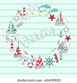 Nautical background with ships and wheel, seahorse, sailing boats,  dolphin and sea knots. Hand drawn elements for summer holidays.Travel, marin and ocean. Vector Illustration
