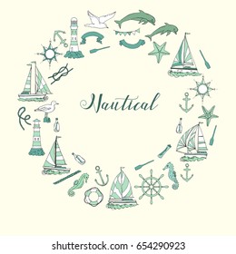 Nautical background with ships and wheel, seahorse, sailing boats,  dolphin and sea knots. Hand drawn elements for summer holidays.Travel, marin and ocean. Vector Illustration