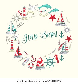 Nautical background with ships and wheel, seahorse, sailing boats,  dolphin and sea knots. Hand drawn elements for summer holidays.Travel, marin and ocean. Vector Illustration