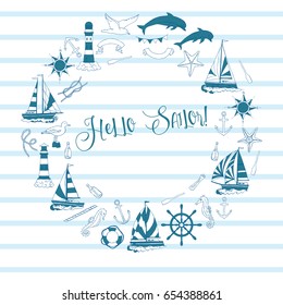 Nautical background with ships and wheel, seahorse, sailing boats,  dolphin and sea knots. Hand drawn elements for summer holidays.Travel, marin and ocean. Vector Illustration