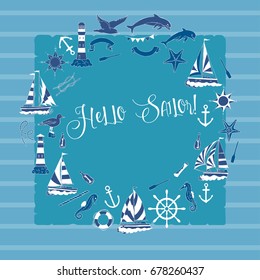 Nautical background with ships and wheel, seahorse, sailing boats,  dolphin and sea knots. Hand drawn elements for summer holidays.Travel, marin and ocean. Vector Illustration