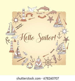 Nautical background with ships and wheel, seahorse, sailing boats,  dolphin and sea knots. Hand drawn elements for summer holidays.Travel, marin and ocean. Vector Illustration