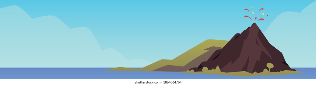 Nautical background with volcano on ocean island beginning to erupt, flat vector illustration. Landscape with active volcano mountain erupting flame in ocean water.