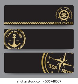 Nautical background with wind rose compass and anchor in gold and black color