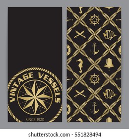 Nautical background with wind rose compass and anchor in gold and black color