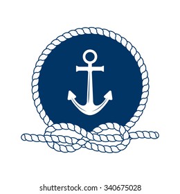 Nautical badge with anchor. Vector illustration of nautical anchor. Round frame of rope. White anchor on a dark blue background. Symbol of sailors, sail, cruise and sea. Icon and design element.