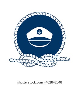 Nautical badge with captain hat. Captain hat icon. Round frame of rope. Sea, nautical and travel badge. Icon and design element. Marine symbol. Vector illustration.
