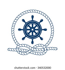 Nautical badge with helm. Vector illustration of nautical helm. Round frame of rope. Helm captain. Marine helm. Symbol of sailors, sail, cruise and sea. Icon and design element. Marine symbol. 