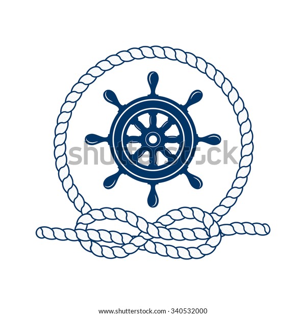 Nautical badge with helm. Vector illustration of\
nautical helm. Round frame of rope. Helm captain. Marine helm.\
Symbol of sailors, sail, cruise and sea. Icon and design element.\
Marine symbol. 