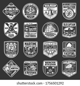 Nautical badges with vector sea ship anchors, ocean sailboats and marine ropes, helm, navigation compass and lighthouse, captain hat, bell and diver helmet, sea turtle and octopus. Maritime emblems