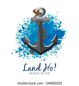 Nautical banner with anchor & rope on a blue grunge watercolor background. Business sign, label, emblem of Anchor & Rope with symbolic sea wave image. Editable layered vector illustration. Sample text