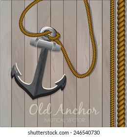 Nautical banner with Anchor & Ropes on old wood texture. Sailing Collection background for seafood restaurant & sea theme decorations, wallpaper. Editable, layered vector illustration. Sample text.
