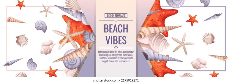 Nautical banner with shells and starfish. Beach holidays, summer holidays, marine theme. Webbaner, poster, flyer, advertising.