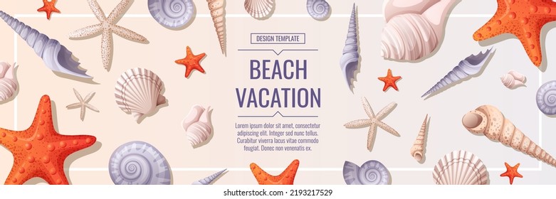Nautical banner with shells and starfish. Beach holidays, summer holidays, marine theme. Webbaner, poster, flyer, advertising.
