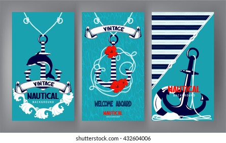 Nautical banners with marine design elements. Flat design. Vector illustration