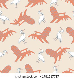 Nautical beach seamless pattern theme with beach chair and great egret bird on tan background.