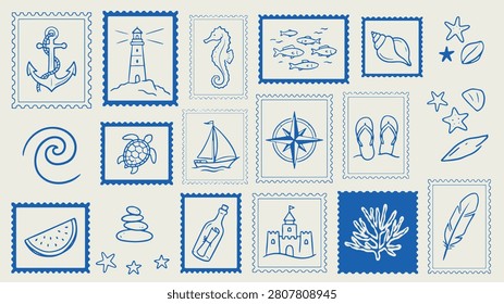 Nautical and beach themed stamp illustration set with anchor lighthouse seahorse fish seashell wave turtle sailboat compass flip flops watermelon stones bottle sandcastle coral leaves and starfish in blue outlined style