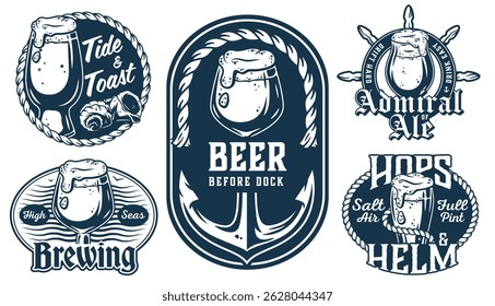 Nautical beer emblems collection with overflowing beer glasses, anchor, rope, seashells, and marine themed slogans, creating vintage and seafaring aesthetict for sea bar or ocean pub, brewery branding